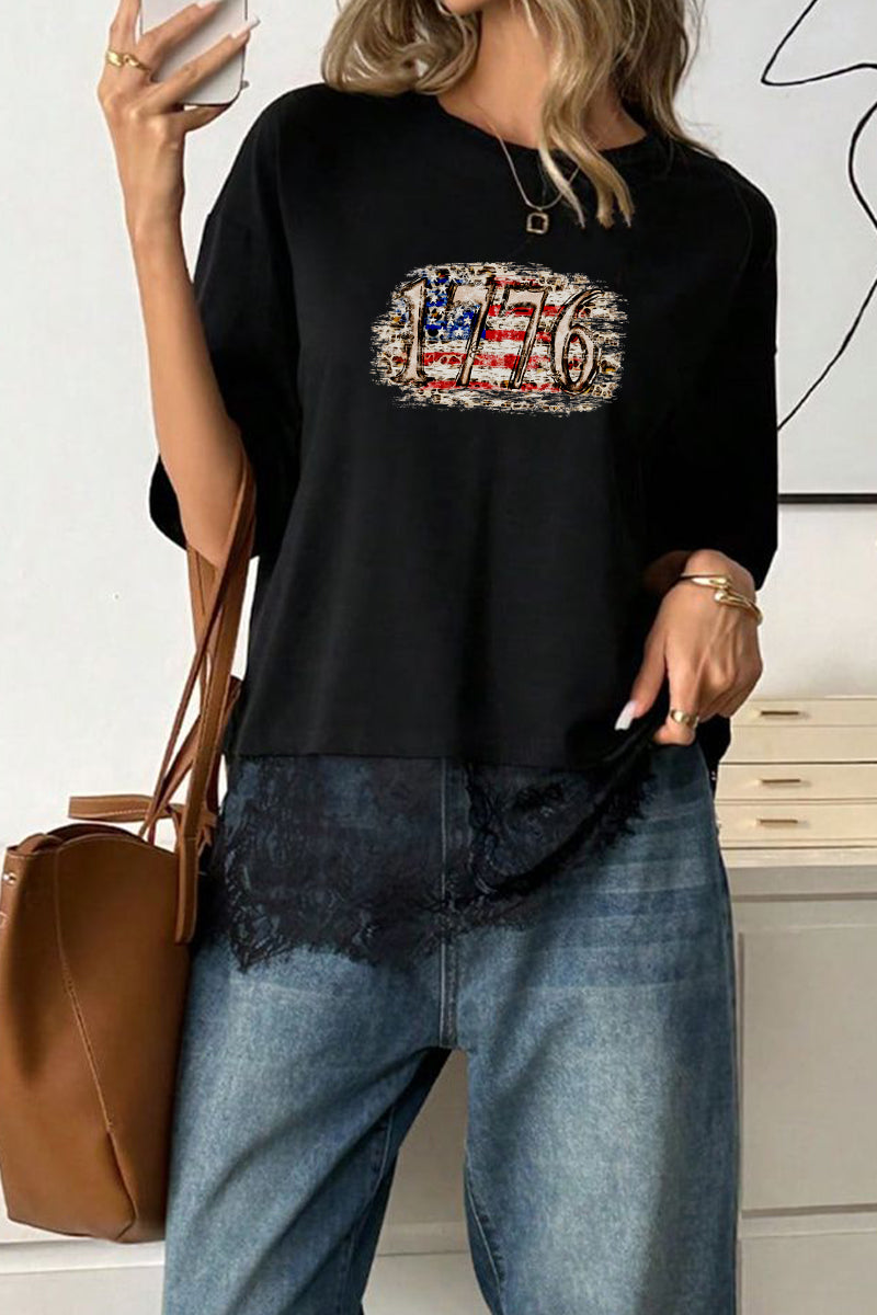 USA 1776 Graphic Tee Lightweight Lace Hem Patriotic Shirt