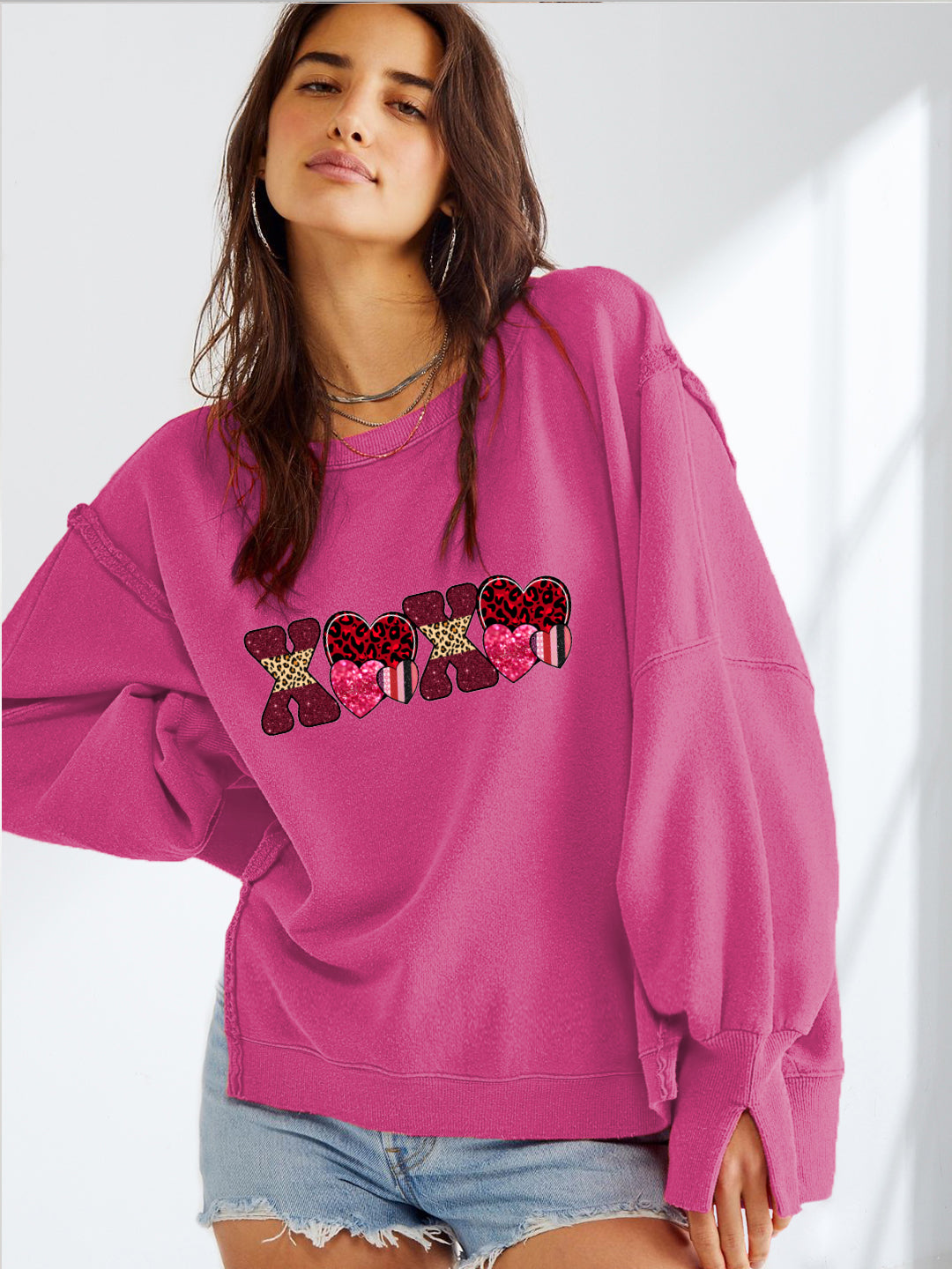 Valentine's Day XOXO Patchwork Heart Print Sweatshirt