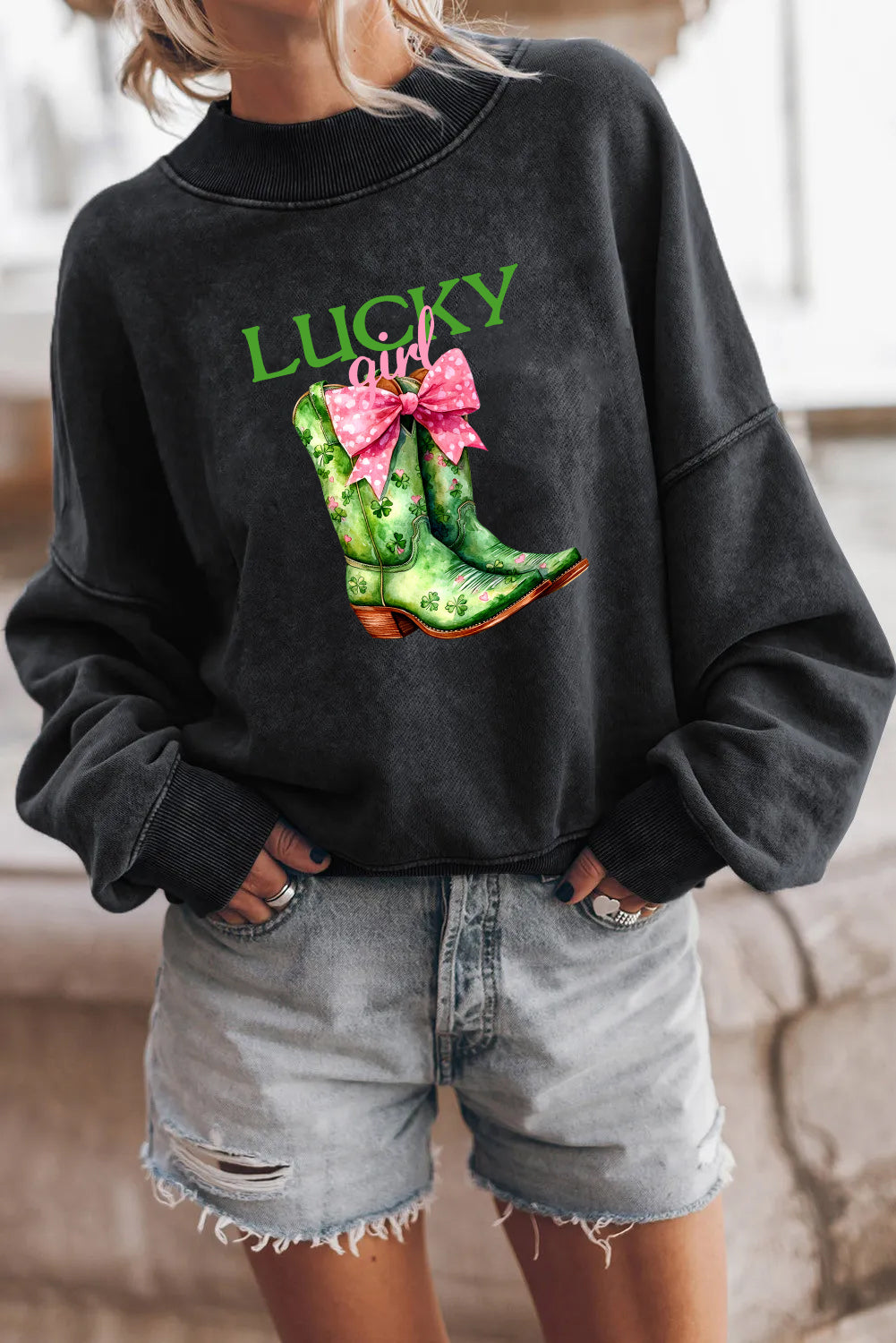 St Patrick’s Day Lucky Green Boots Bow Graphic Sweatshirt