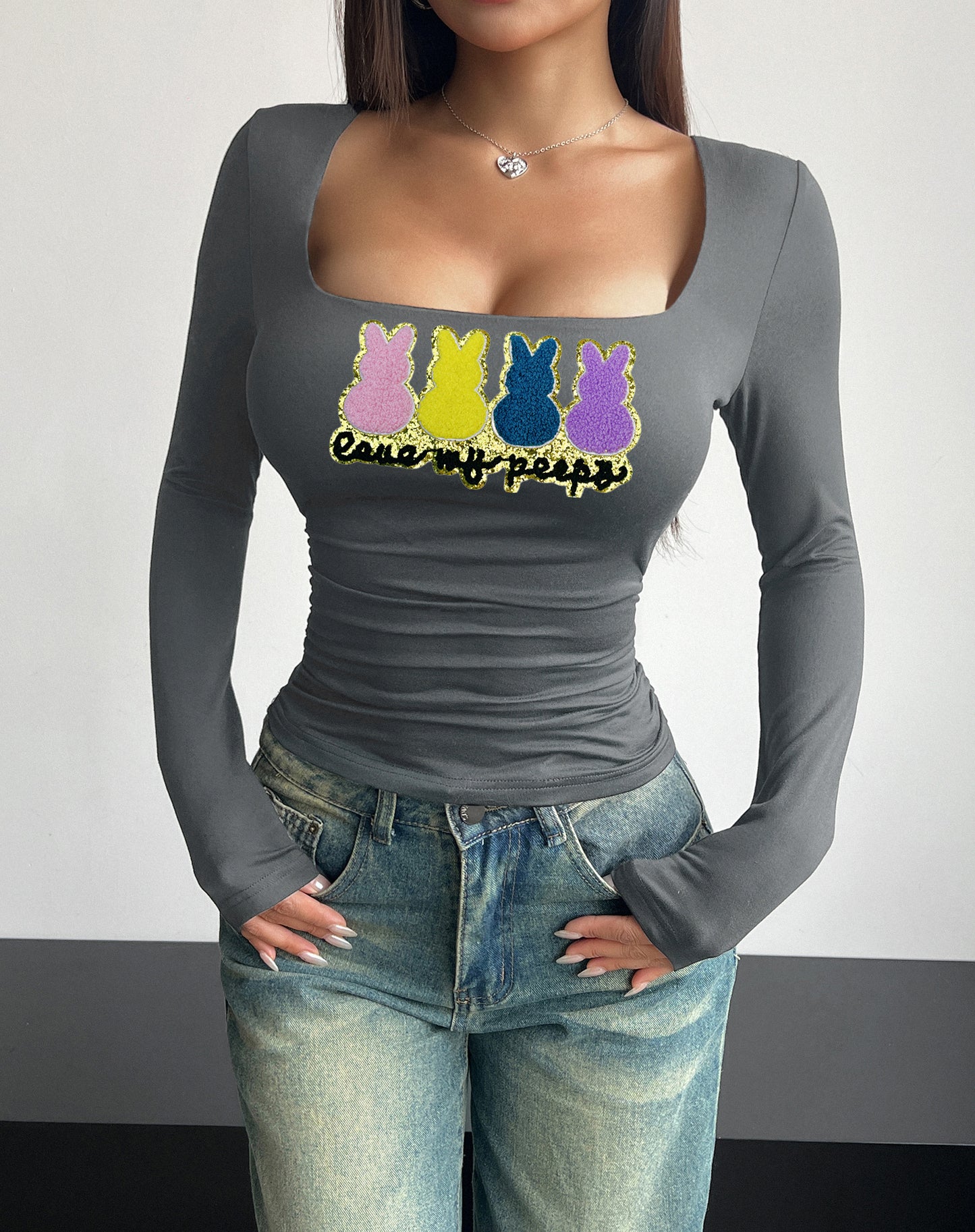 Easter Bunny Graphic Square Neck Long Sleeve Fitted Top