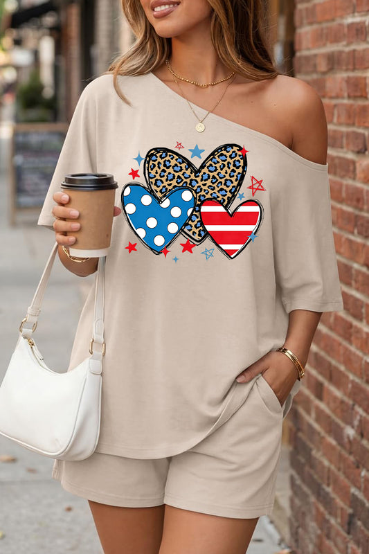Independence Day Heart Print Off Shoulder Summer Set