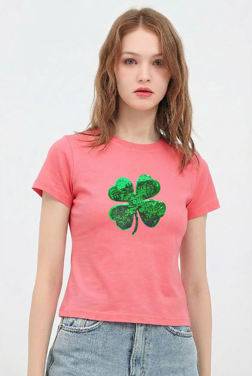 St Patricks Day Sequin Shamrock Crop T-Shirt