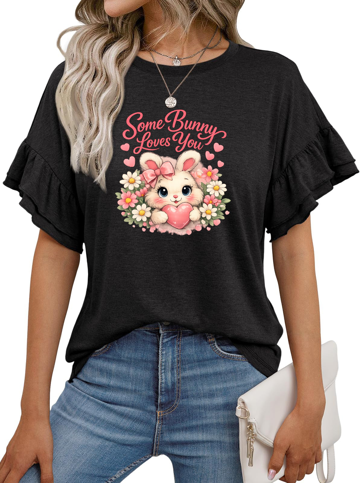 Easter Bunny Ruffle Sleeve Graphic Cotton Tee