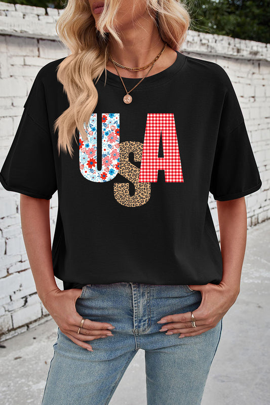 Patriotic Cotton Graphic Tee Oversized USA Leopard Top