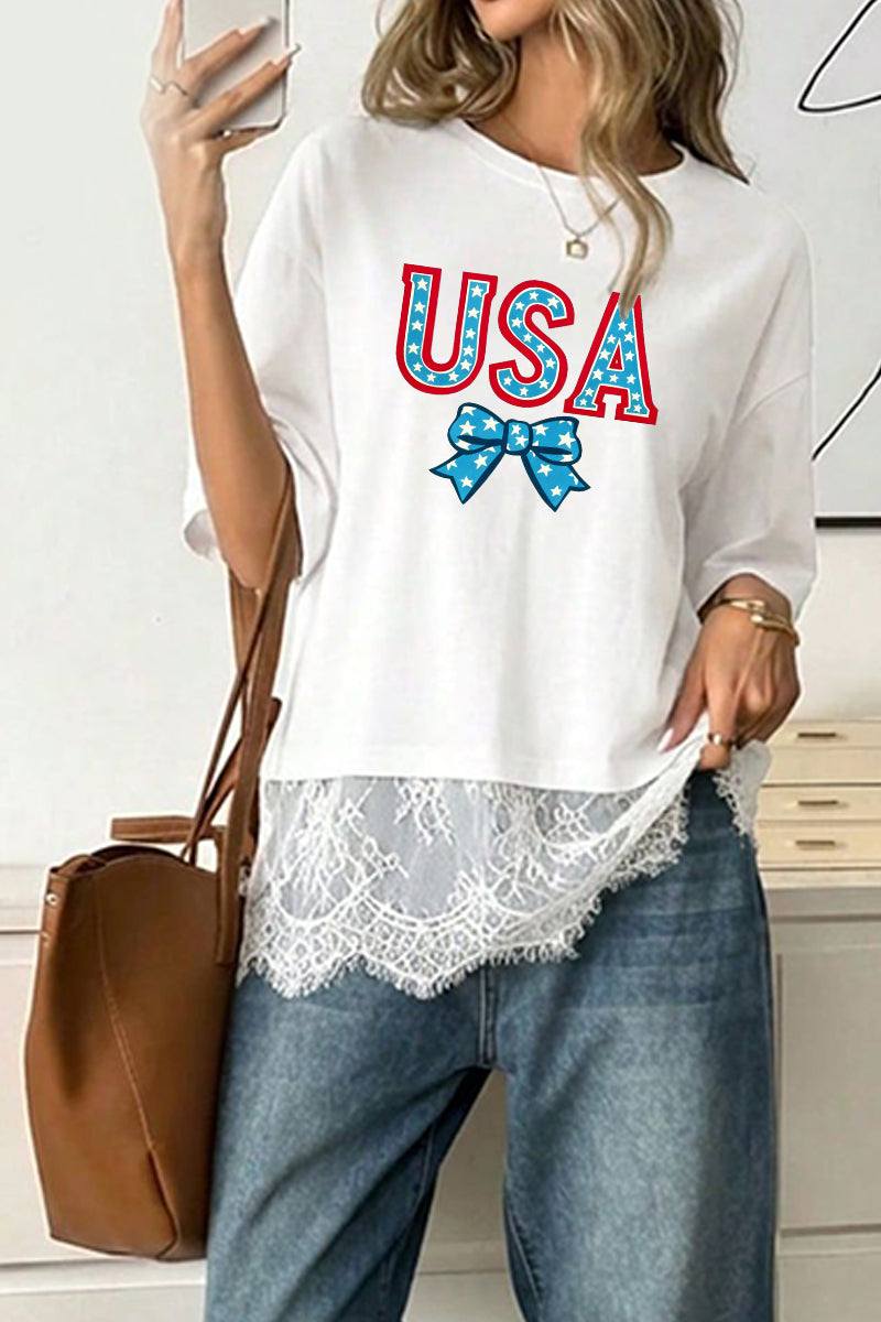 USA Graphic Lightweight Tee with Lace Hem Holiday