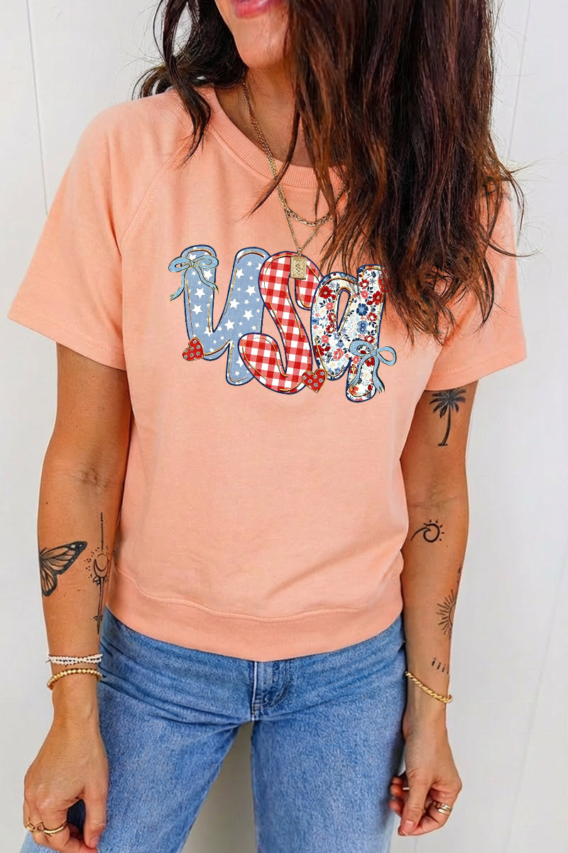 USA Floral Graphic Tee Patriotic Casual Summer