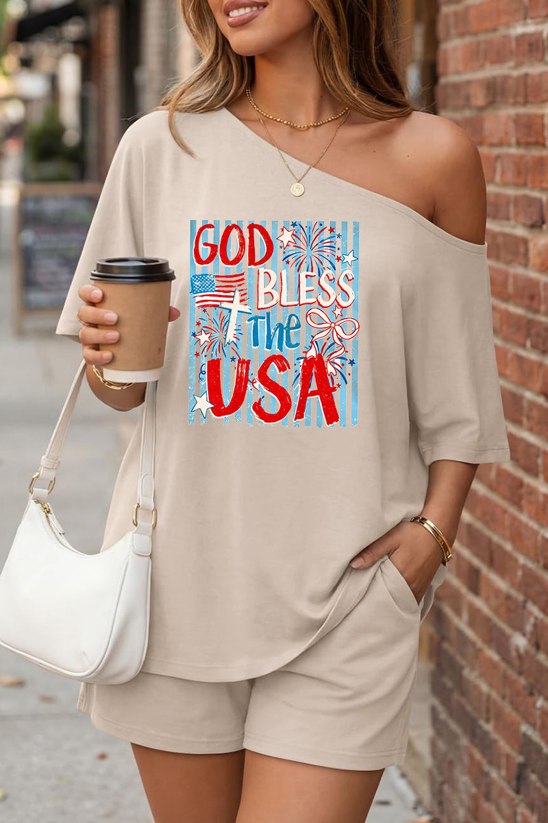 God Bless USA Off Shoulder Short Sleeve Summer Top Set