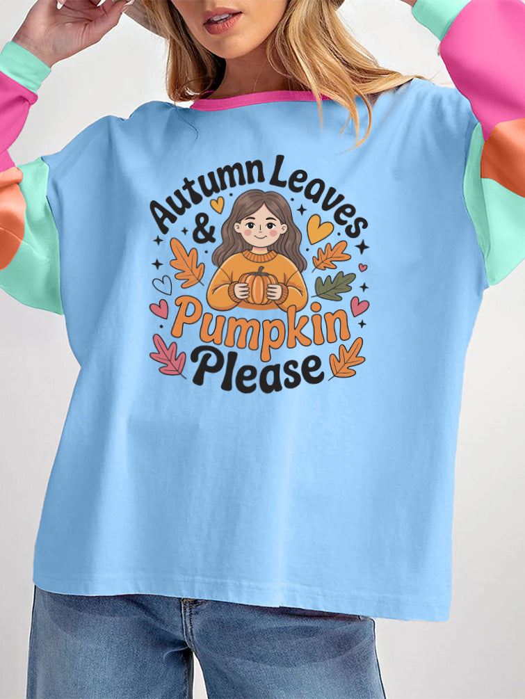 Thanksgiving Autumn Leaves Pumpkin Color Block Tee