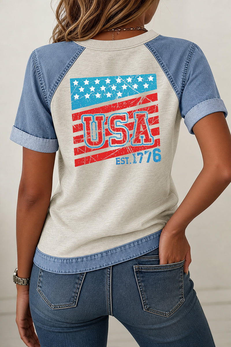 Patriotic Graphic Tee Denim Patchwork USA Flag Top