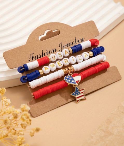 Dark Blue American Flag Pendant Letter Beaded Bracelet Set