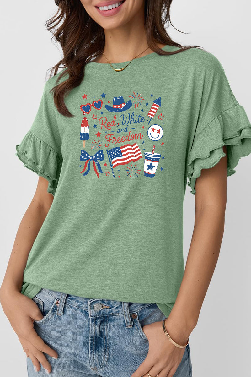 Patriotic Graphic Tee Freedom Ruffle Sleeve Top