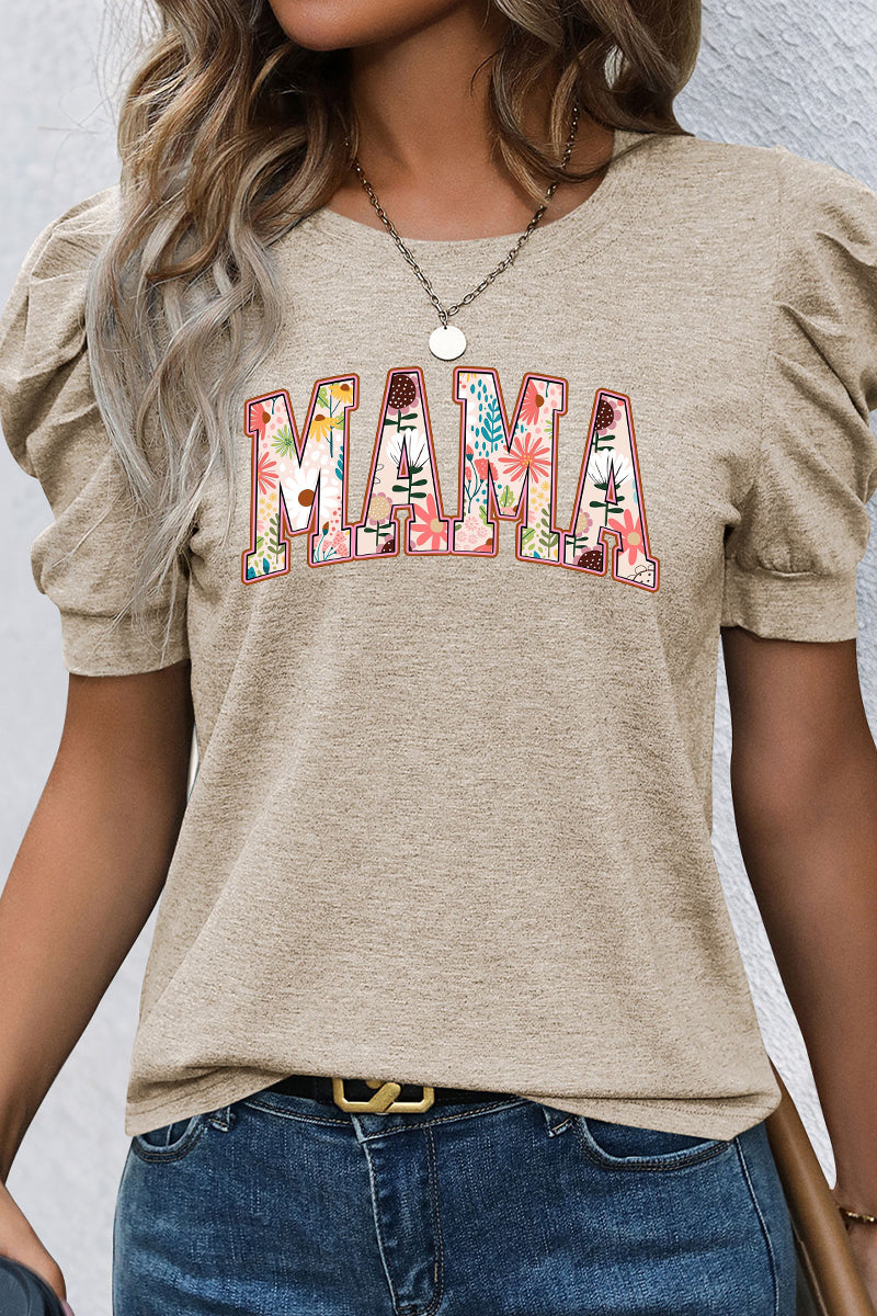 Womens Mothers Day Floral Print Tee Puff Sleeve Crewneck Casual Summer Top