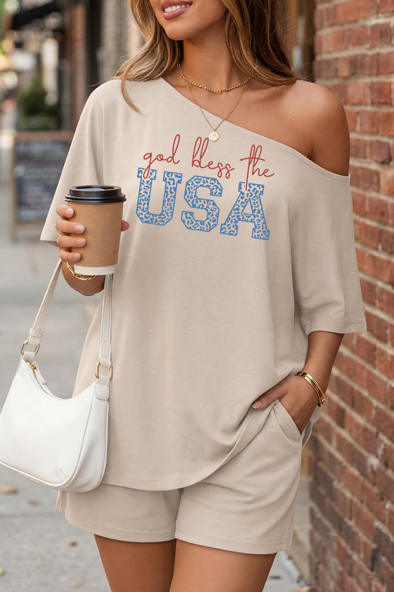 USA Graphic Off Shoulder Lounge Shorts Set Women