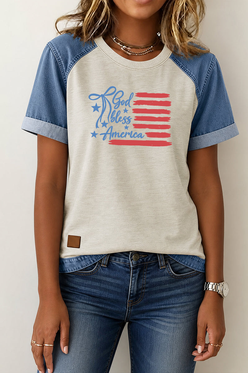 Letter Flag Denim Patchwork Tee Casual