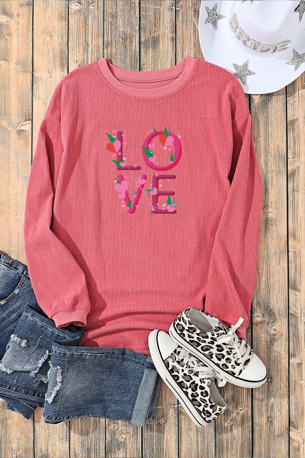 Love Heart Print Ribbed Corduroy Oversized Valentine's Sweatshirt