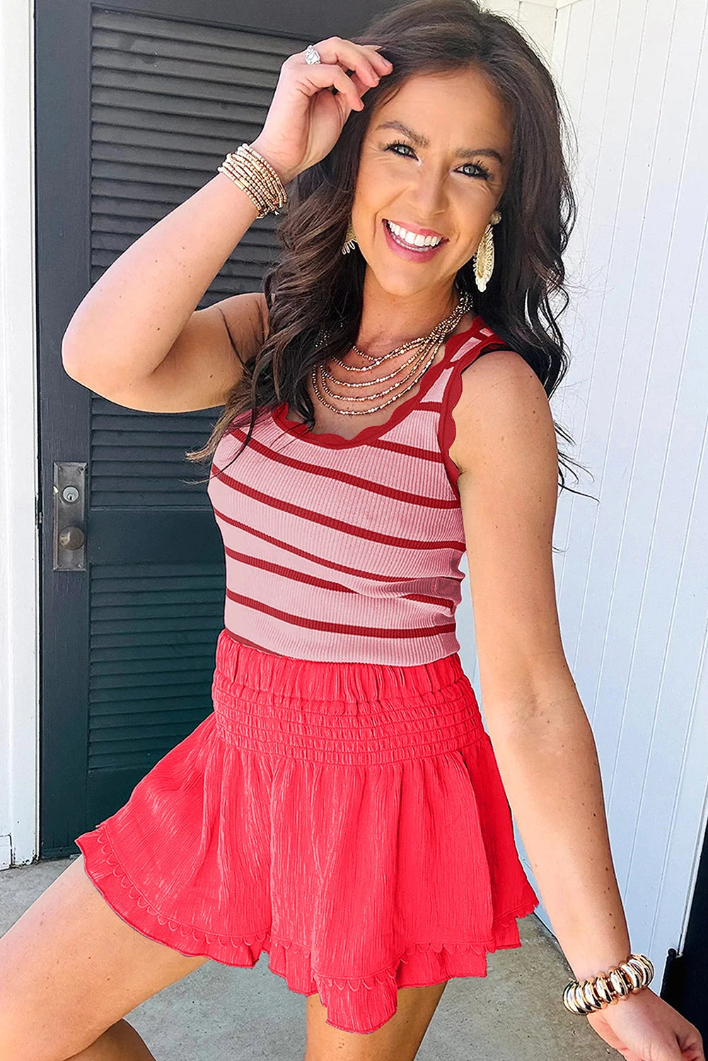 Striped Scalloped Edge U Neck Sleeveless Sweater Vest