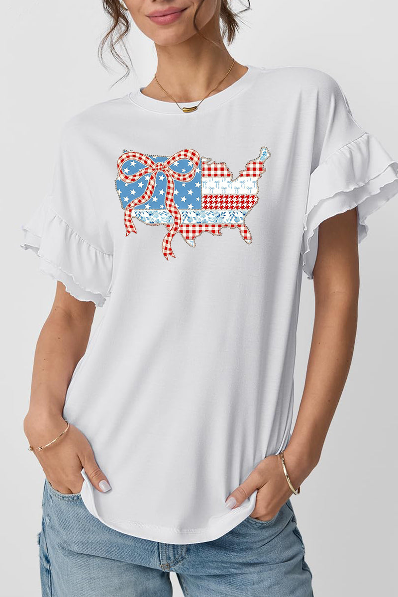 Patchwork Cotton Tee Patriotic Ruffle Sleeve Blouse