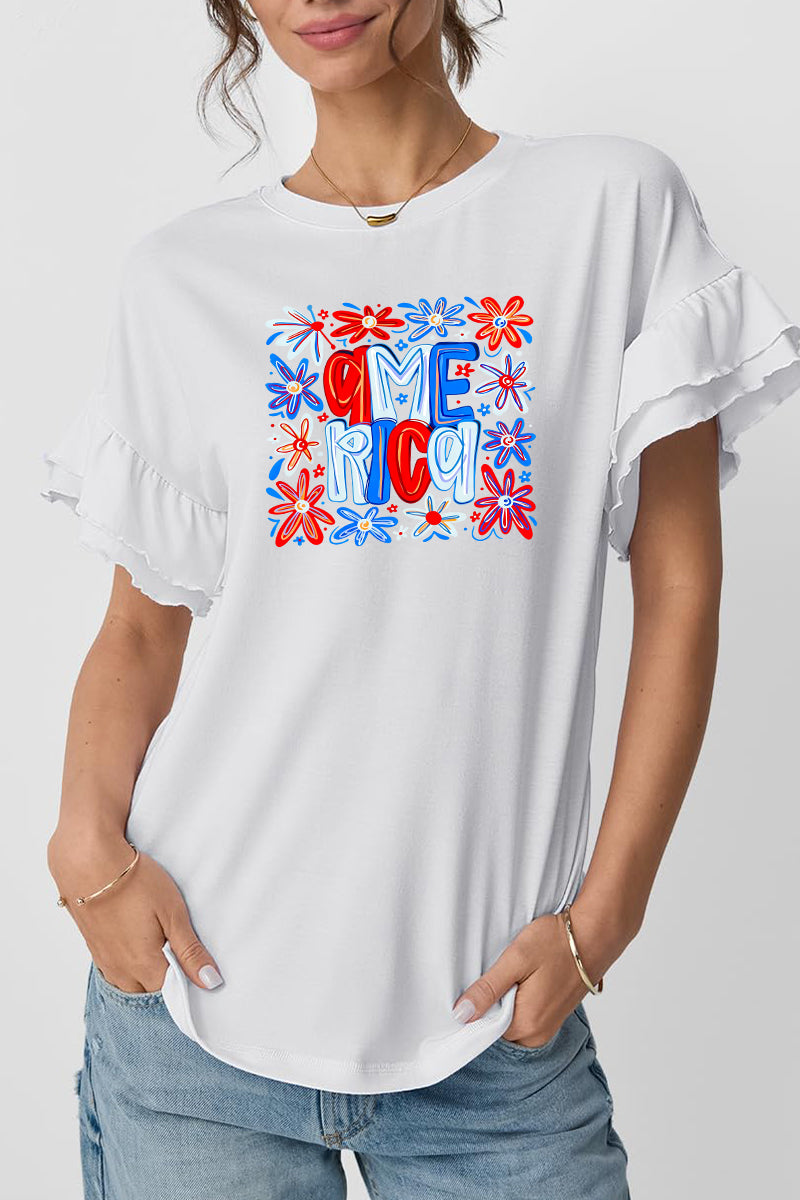 America Floral Graphic Tee Ruffle Sleeve Top