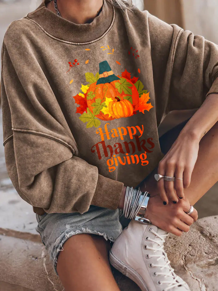 Happy Thanksgiving Pumpkin Fall Leaves Graphic Sweatshirt