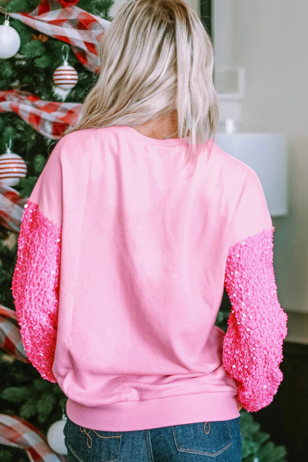 Pink Christmas Nutcracker Graphic Sequin Sleeve Sweatshirt