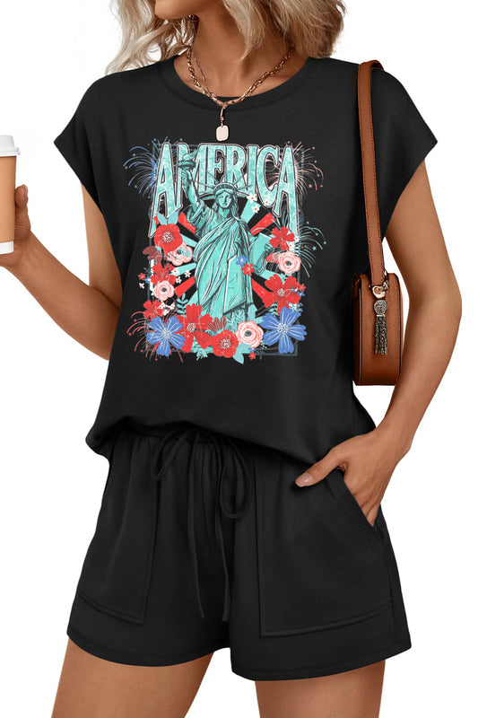 Fourth of July America Graphic Top and Shorts Set