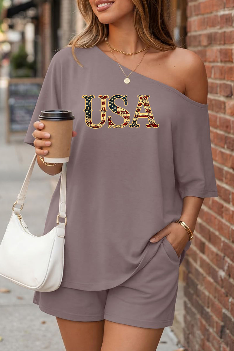 USA Off Shoulder Short Sleeve Summer Top Set