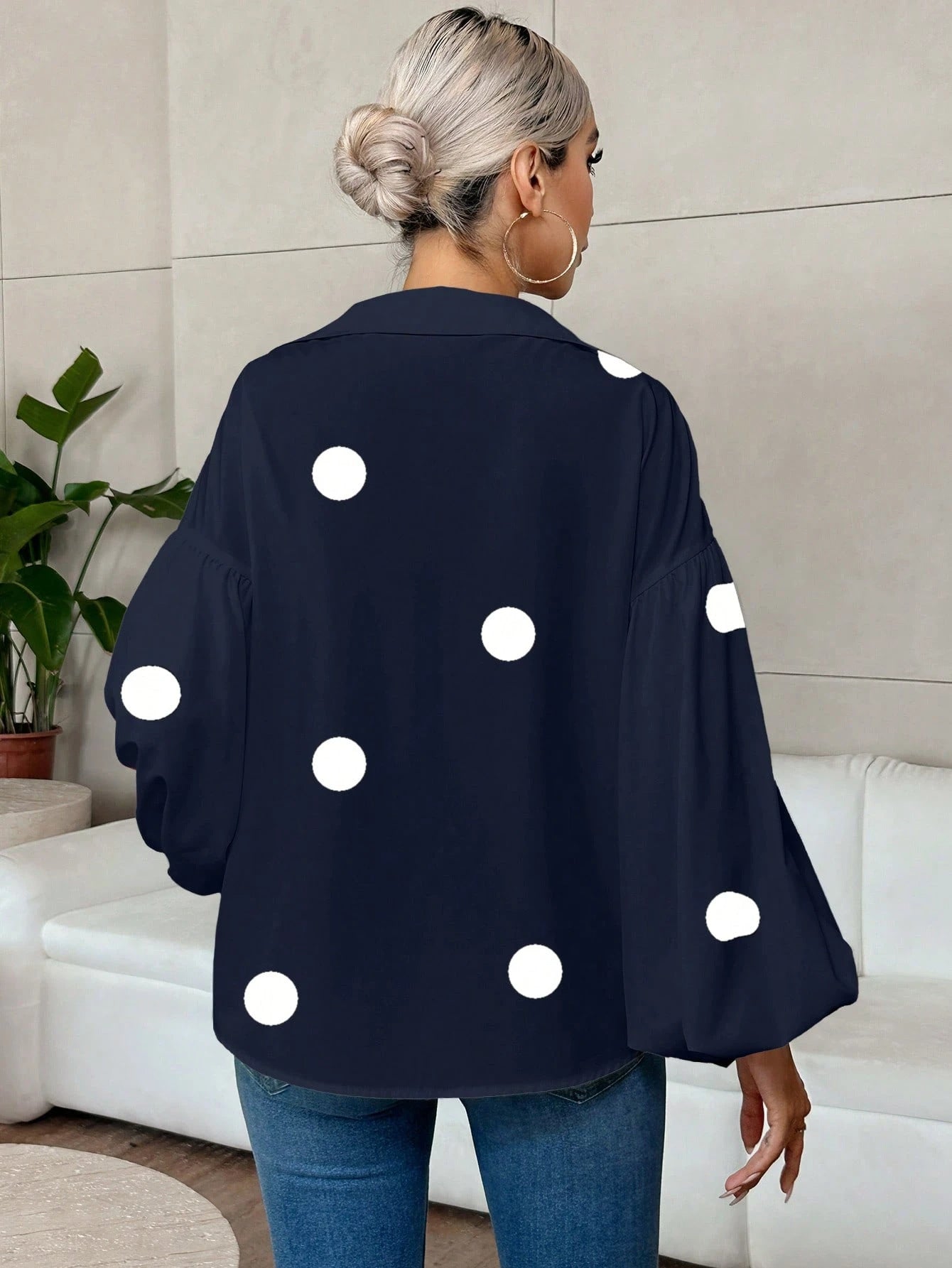 French Polka Dot Half-Open Collar Puff Sleeve Top
