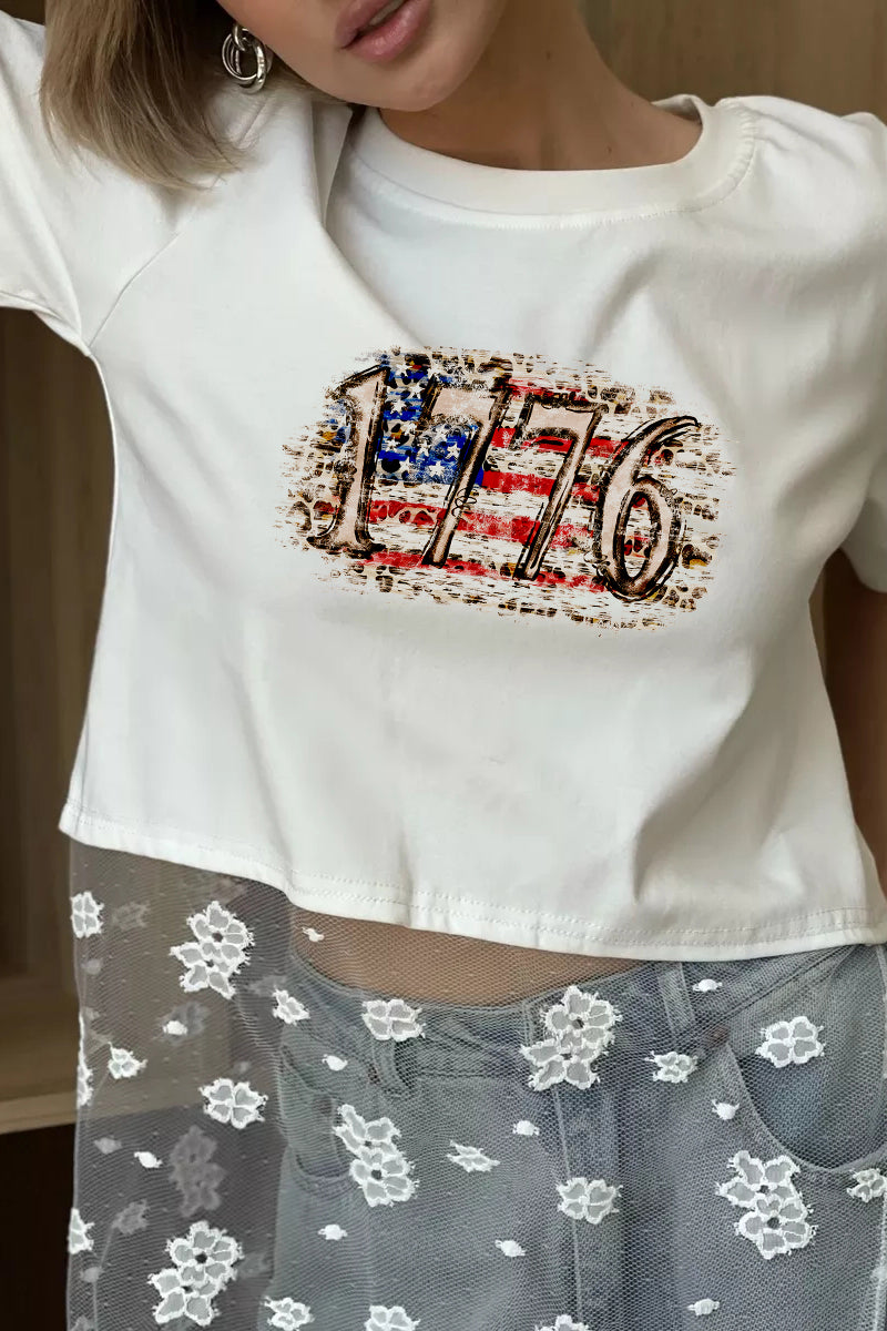 Vintage Patriotic Graphic Tee Lace Patchwork Top
