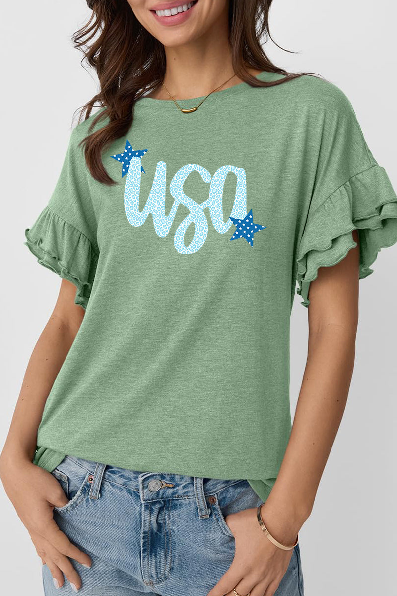 Leopard USA Graphic Tee Patriotic Ruffle Sleeve Top