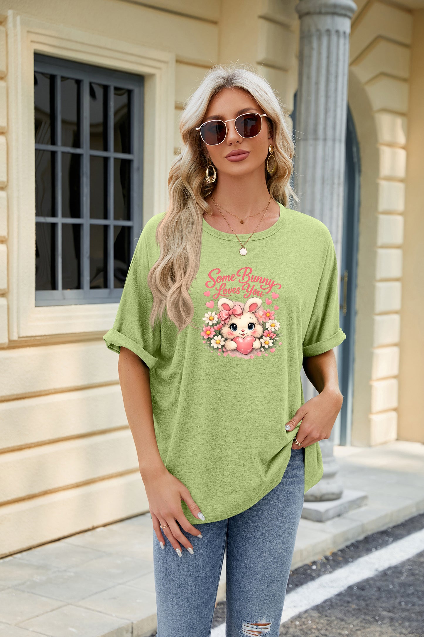 Easter Clover Heart Graphic Oversized Casual T Shirt