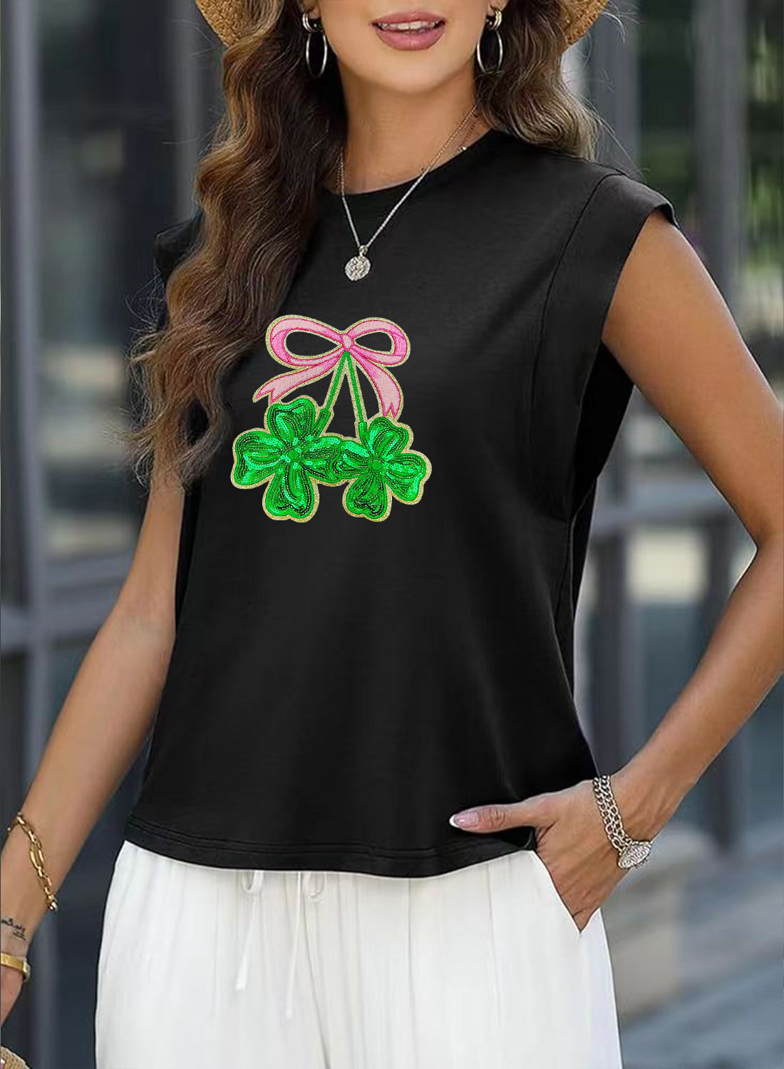 St Patricks Day Bow Shamrock Sequin Sleeveless Top