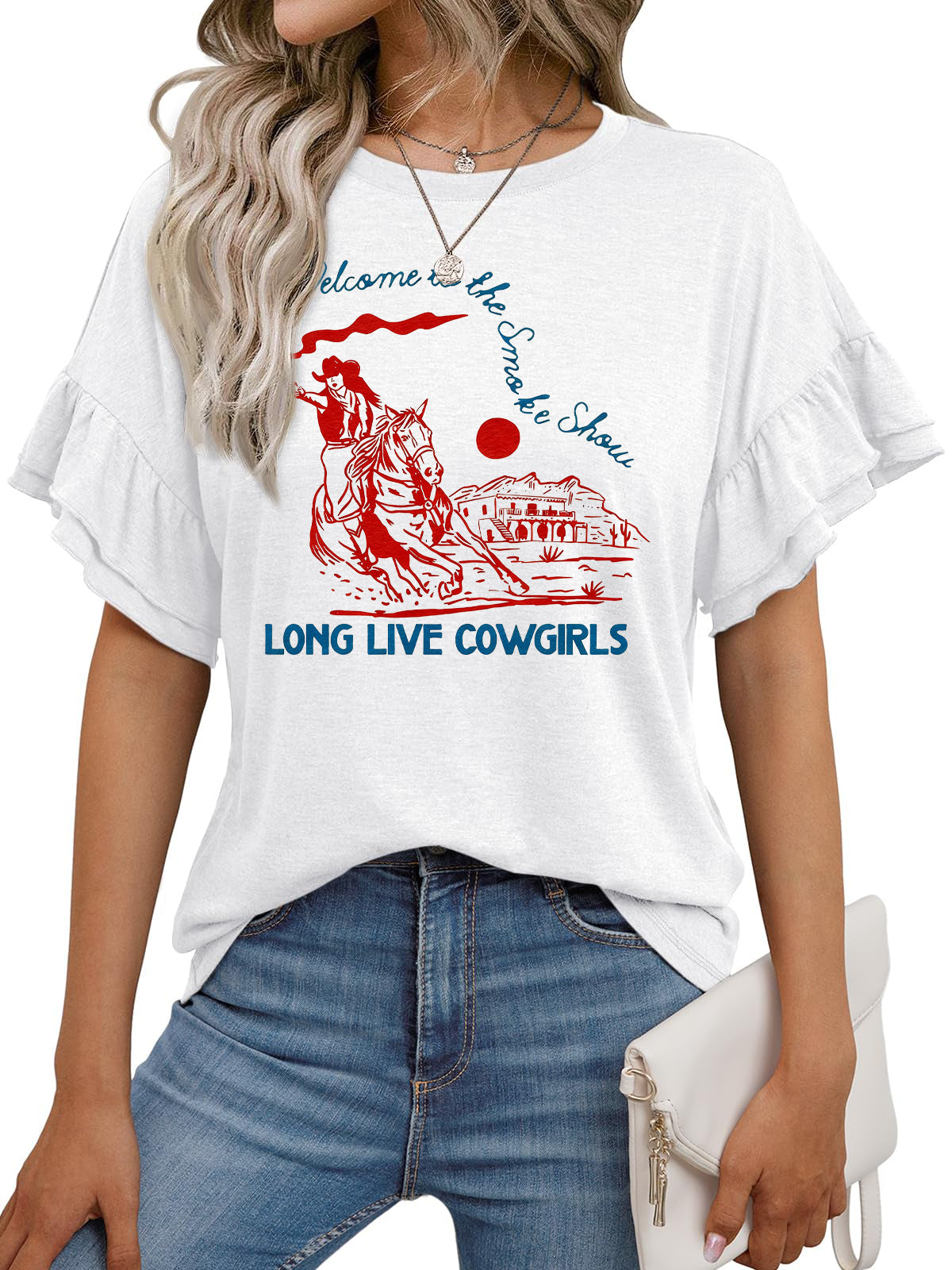Western Cowgirl Graphic Ruffle Sleeve Tee Vintage Rodeo Top