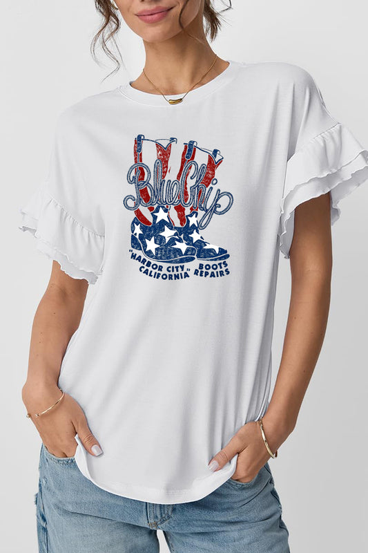 Cowboy Boot Graphic Ruffle Sleeve Tee Patriotic Top