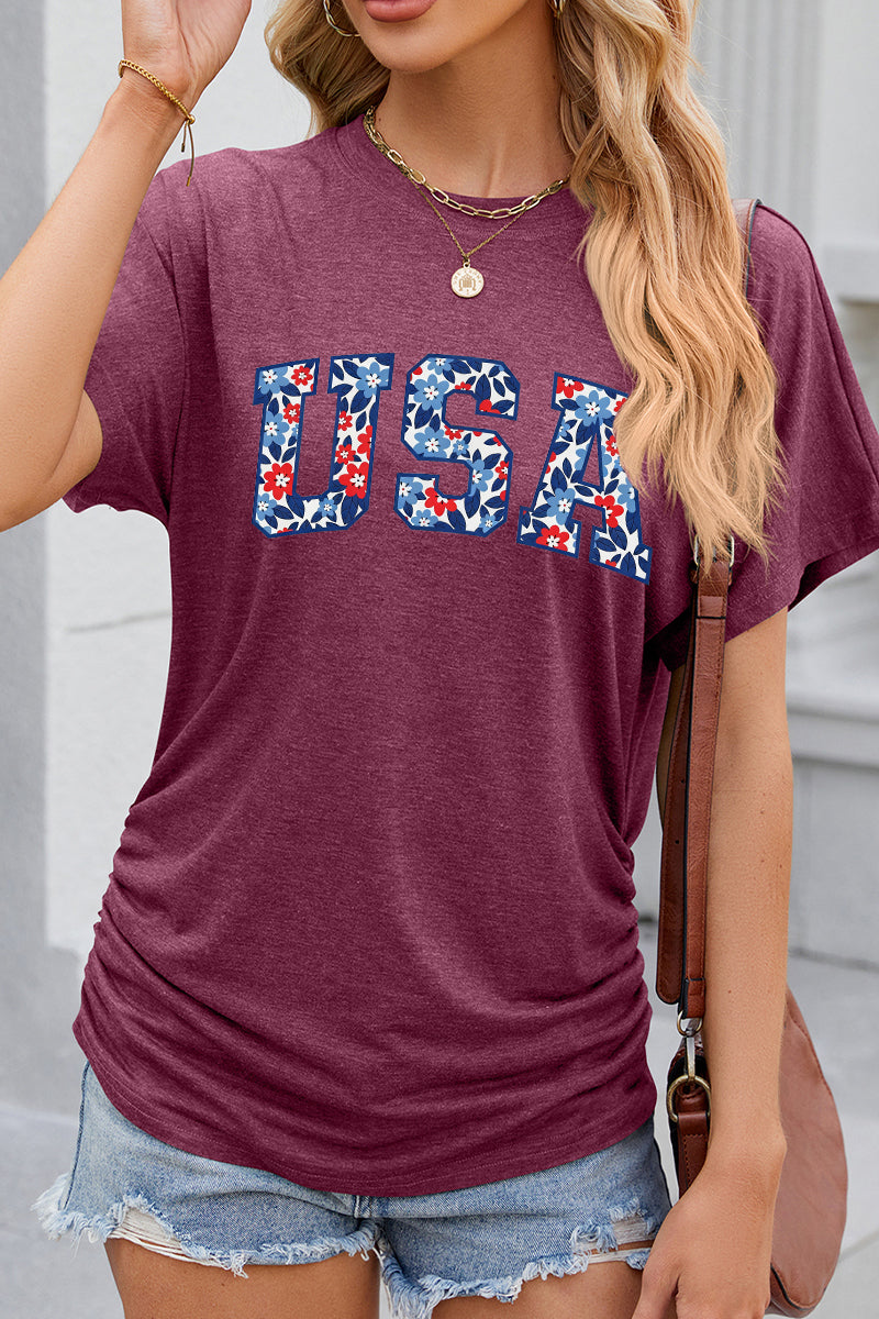 USA Pattern Fill Letter Graphic 4th of July Casual Tee