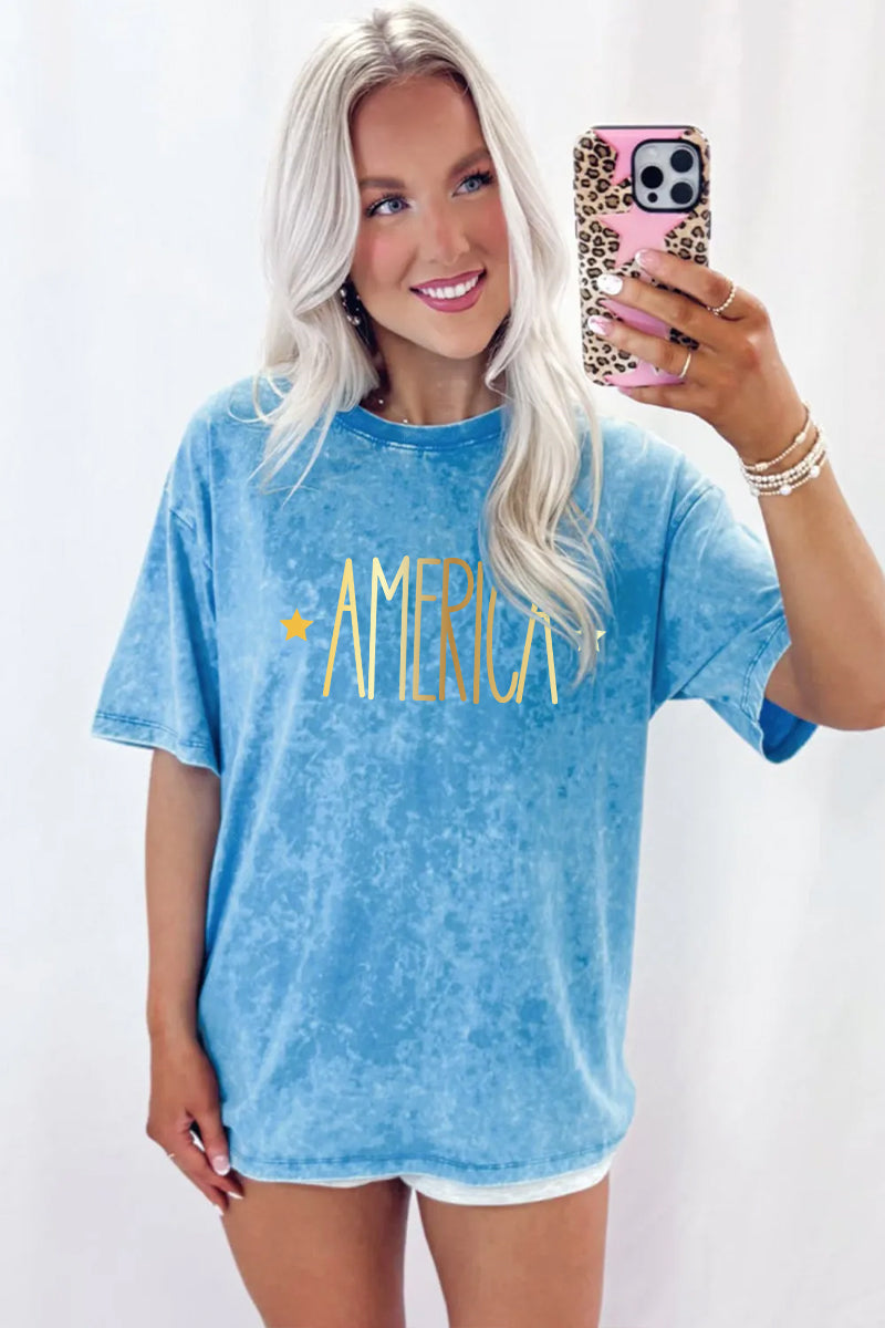 America Mineral Wash Graphic Tee Oversized Patriotic Vintage