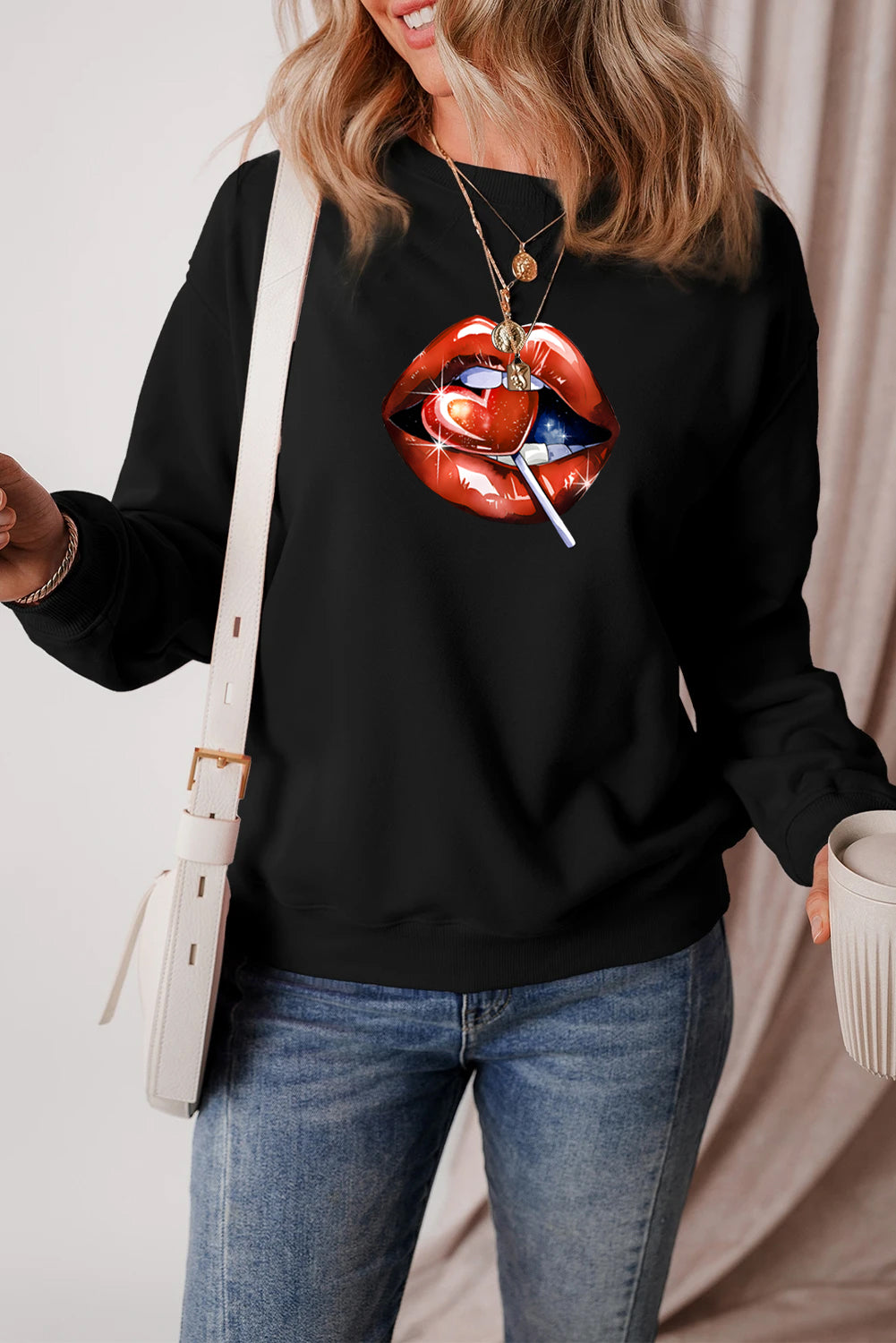 Valentine’s Day Lips Heart Lollipop Graphic Sweatshirt