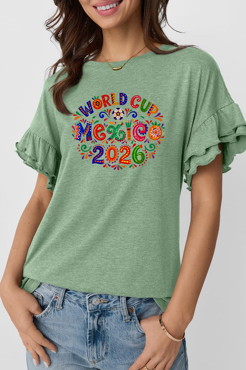 Graphic Ruffle Sleeve T Shirt Mexico 2026 Casual Tee