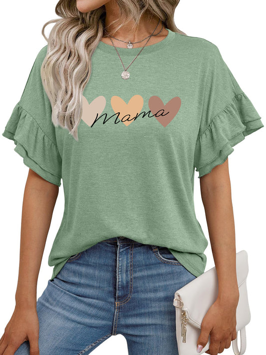 Mother’s Day Heart Graphic Ruffle Sleeve T Shirt