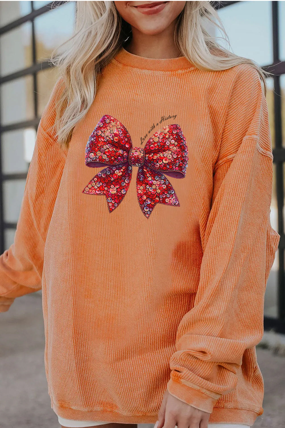 Valentines Day Sequin Bow Graphic Cozy Sweatshirt