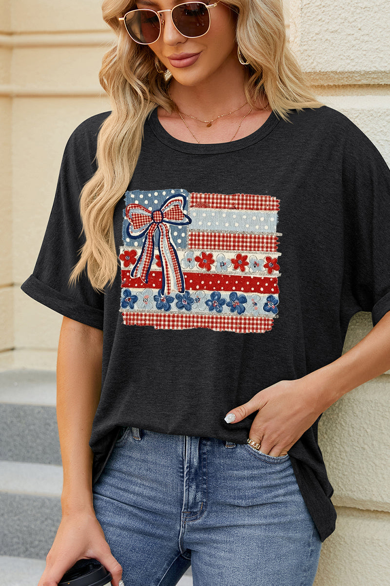 USA Flag Bow Patriotic Tee Women 4th July Graphic Top