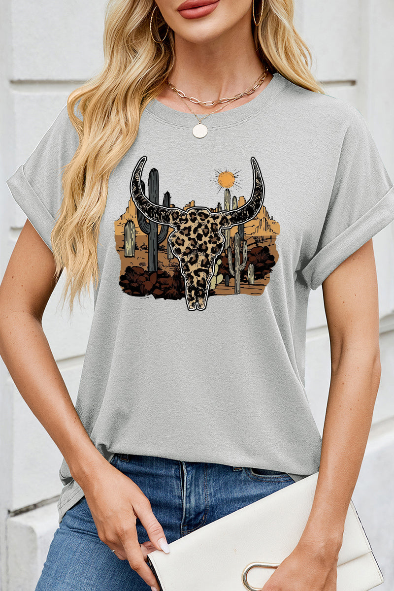 Leopard Bull Skull Graphic Tee Western Cowgirl Shirt