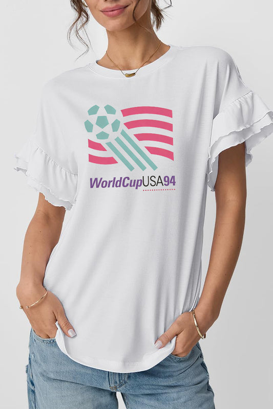 Graphic Ruffle Sleeve T Shirt USA94 Soccer Casual Tee