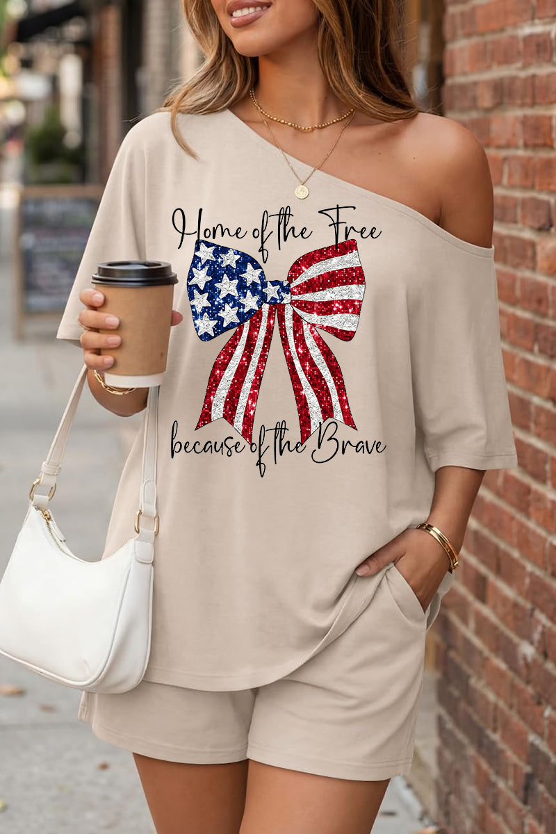 Patriotic Bow Graphic Off Shoulder Shorts Set Women