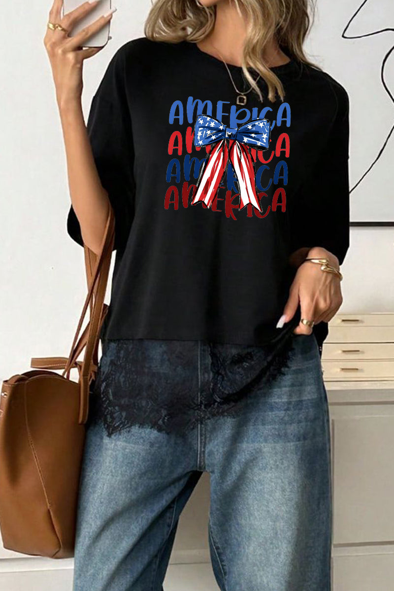 Patriotic Polyester Tee USA Bow 4th July Holiday Top