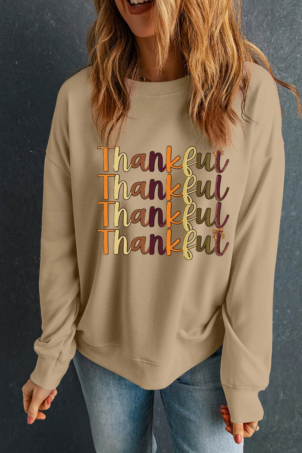 Khaki Thankful Repeated Print Drop Shoulder Casual Sweatshirt