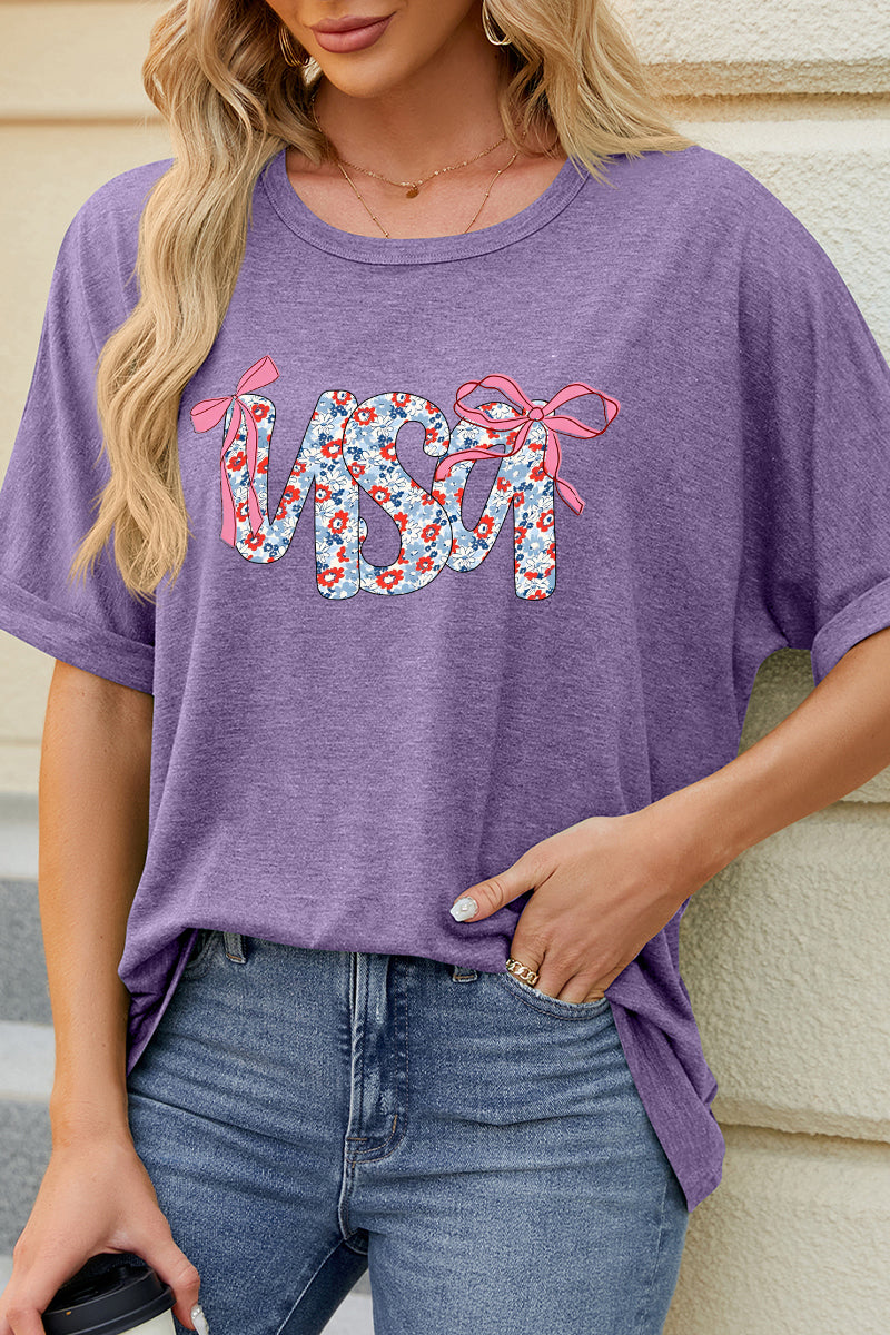 USA Floral Bow Graphic Tee Casual Patriotic Summer Top