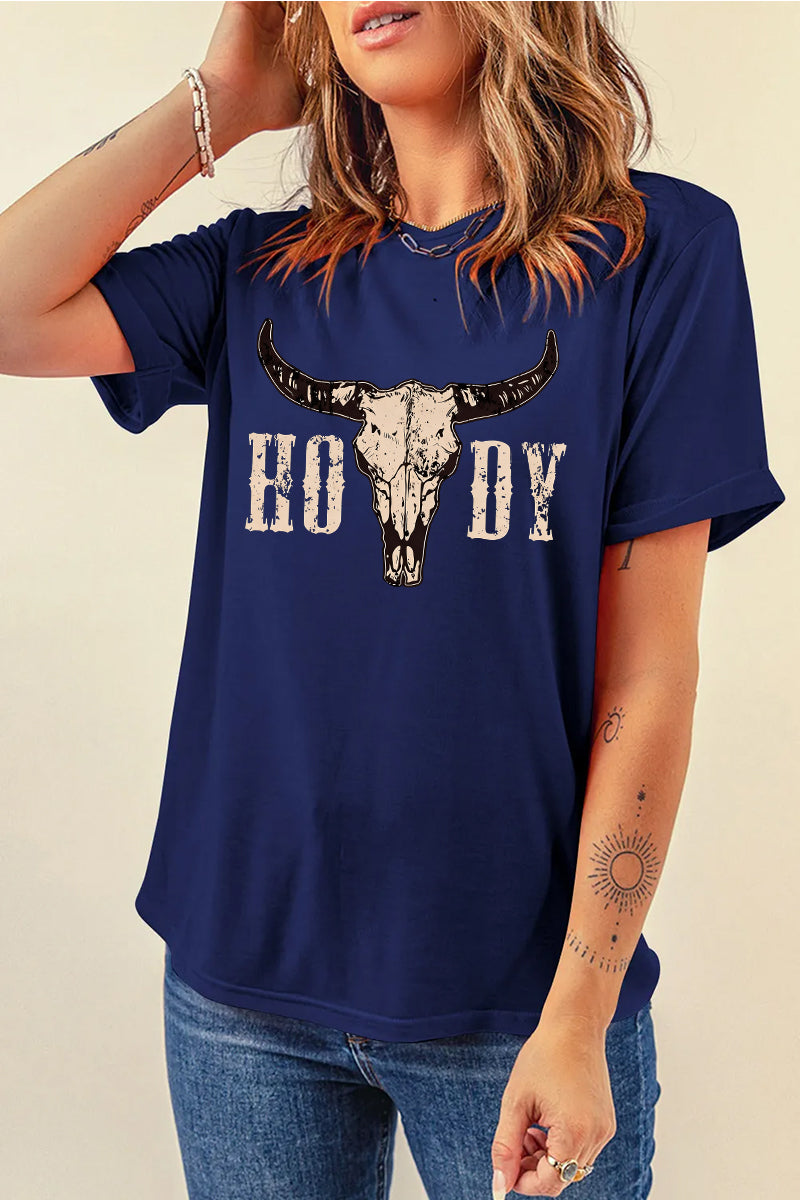 Western Howdy Cow Skull Graphic Tee Vintage Cowboy Shirt