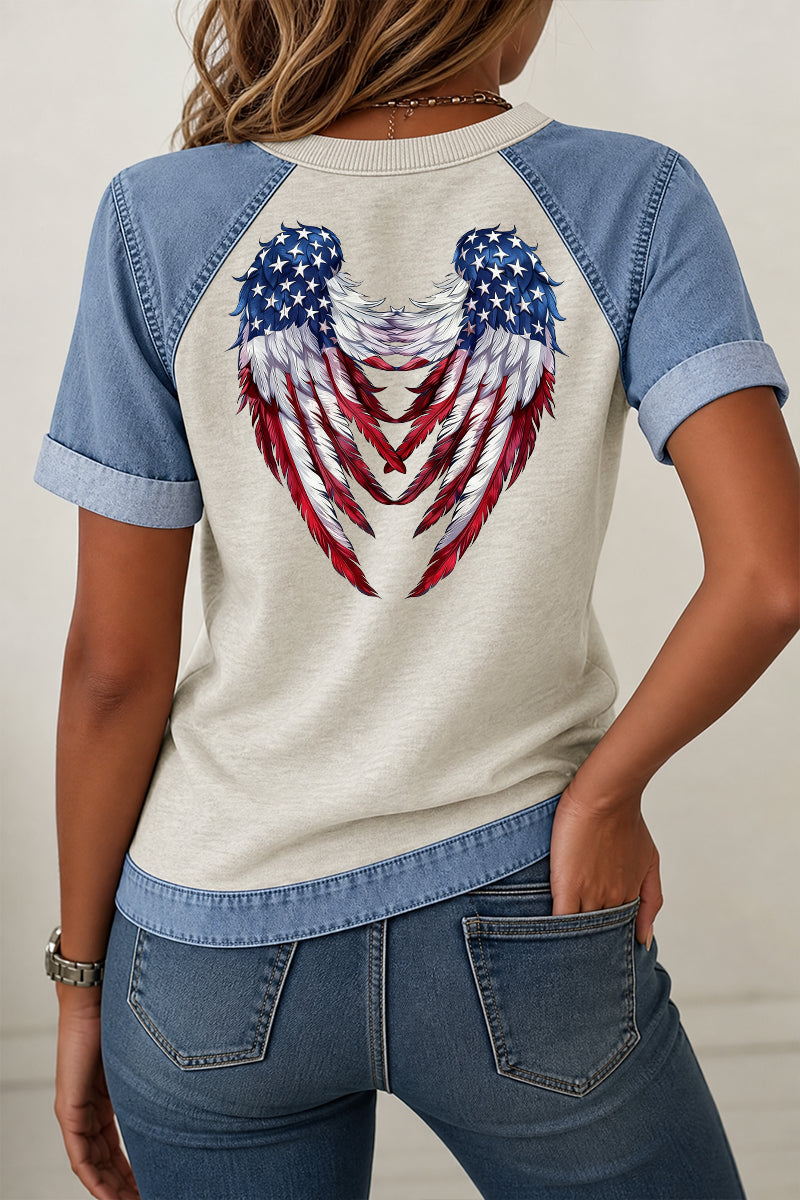 Patriotic Graphic Tee Denim Patchwork Wing Back Top