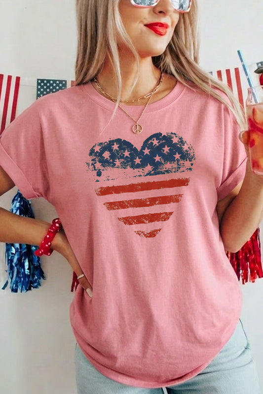 Women 4th of July American Flag Heart T Shirt
