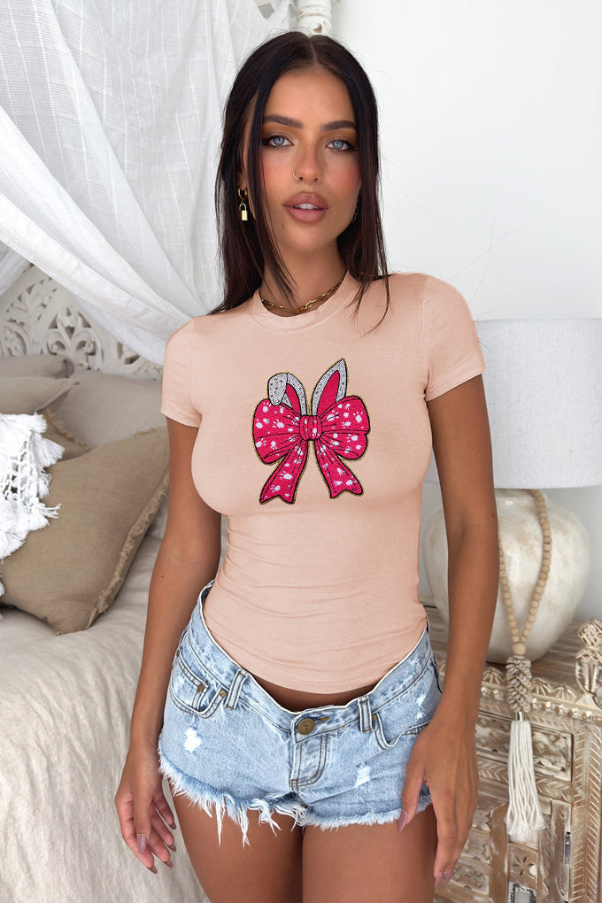 Easter Bunny Bow Graphic Slim Fit Short Sleeve T Shirt